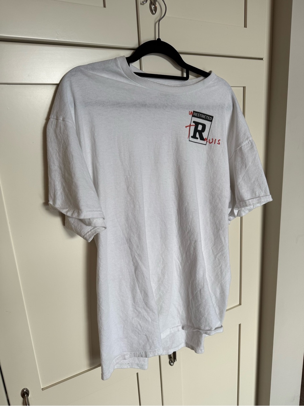 Travis Scott White Short-Sleeve Graphic Tee with Small Chest Logo
